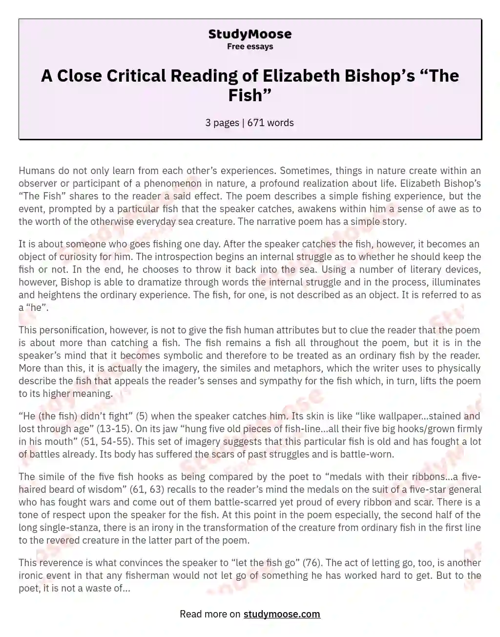 A Close Critical Reading of Elizabeth Bishop’s “The Fish” essay