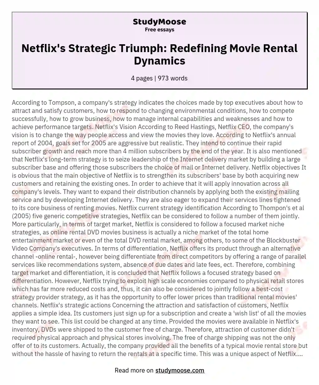 Netflix's Strategic Triumph: Redefining Movie Rental Dynamics essay