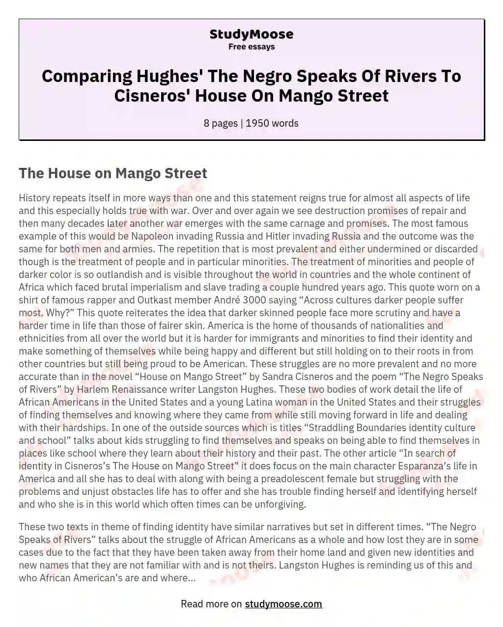 A Comparative Analysis Of Langston Hughes's The Negro Speaks Of Rivers And Sandra Cisneros's House On Mango Street