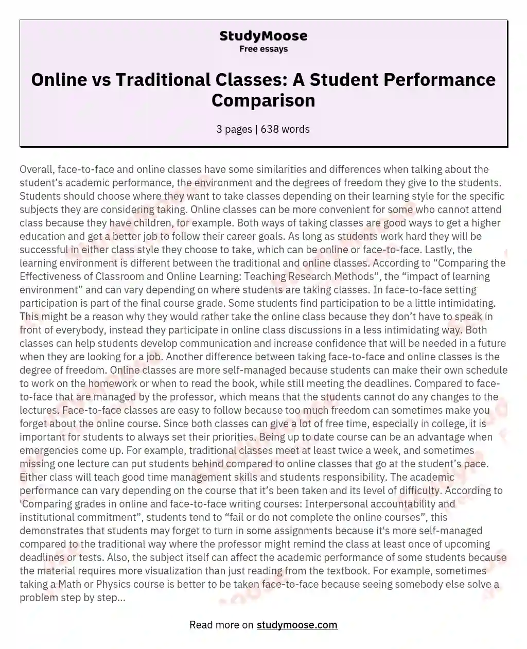 Online vs Traditional Classes: A Student Performance Comparison essay