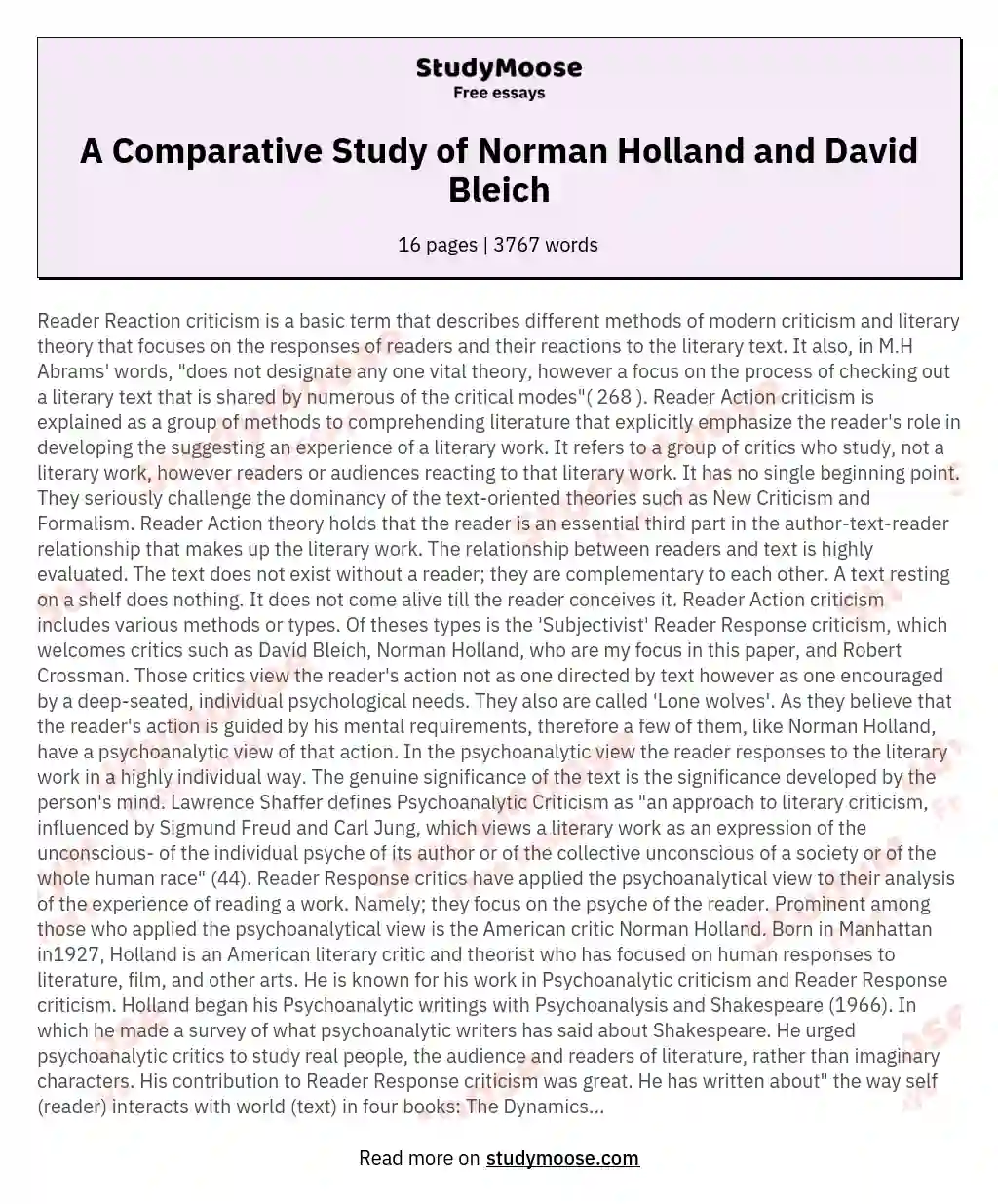A Comparative Study of   Norman Holland and David Bleich essay