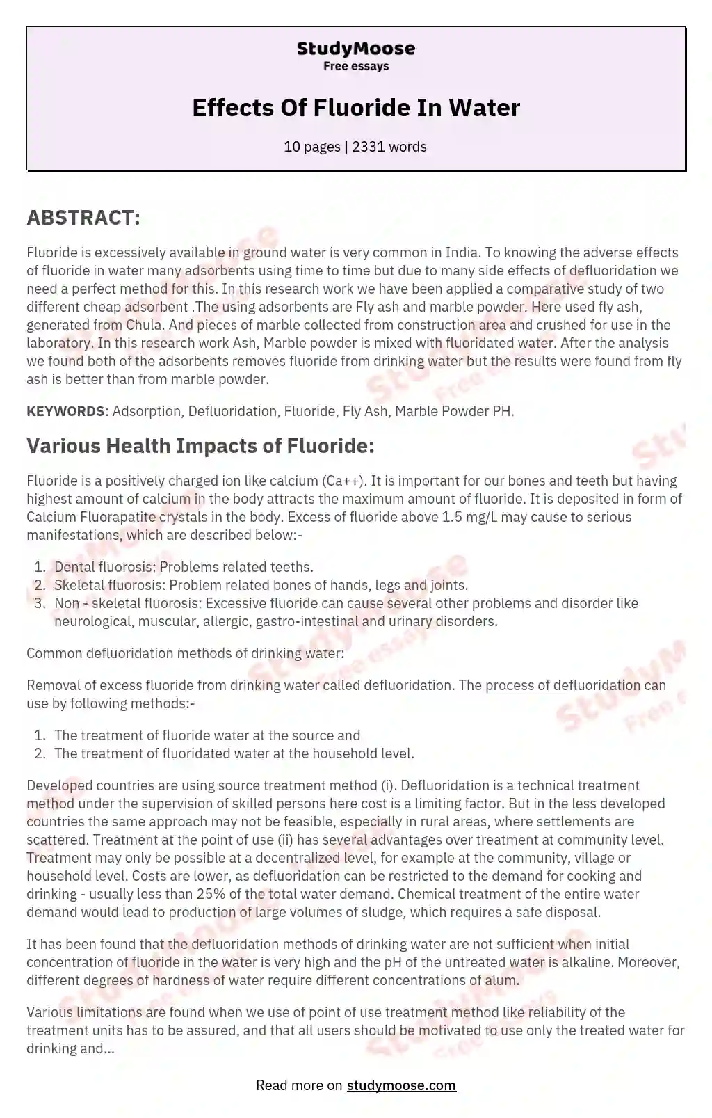 Effects Of Fluoride In Water essay