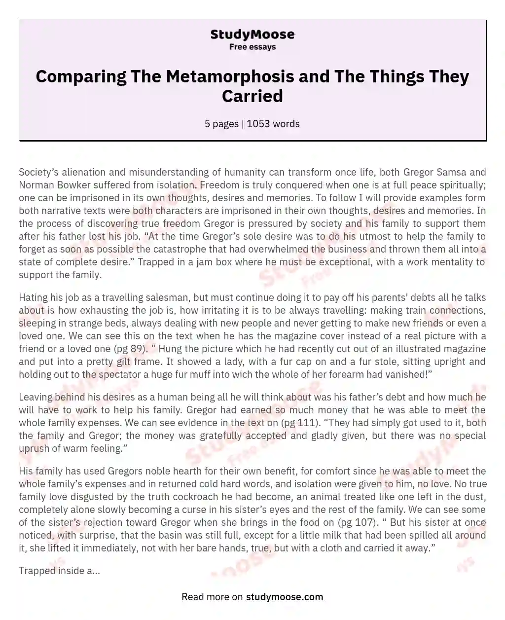 A compare and contrast Analysis of "The Metamorphosis" and "The Things They Carried"