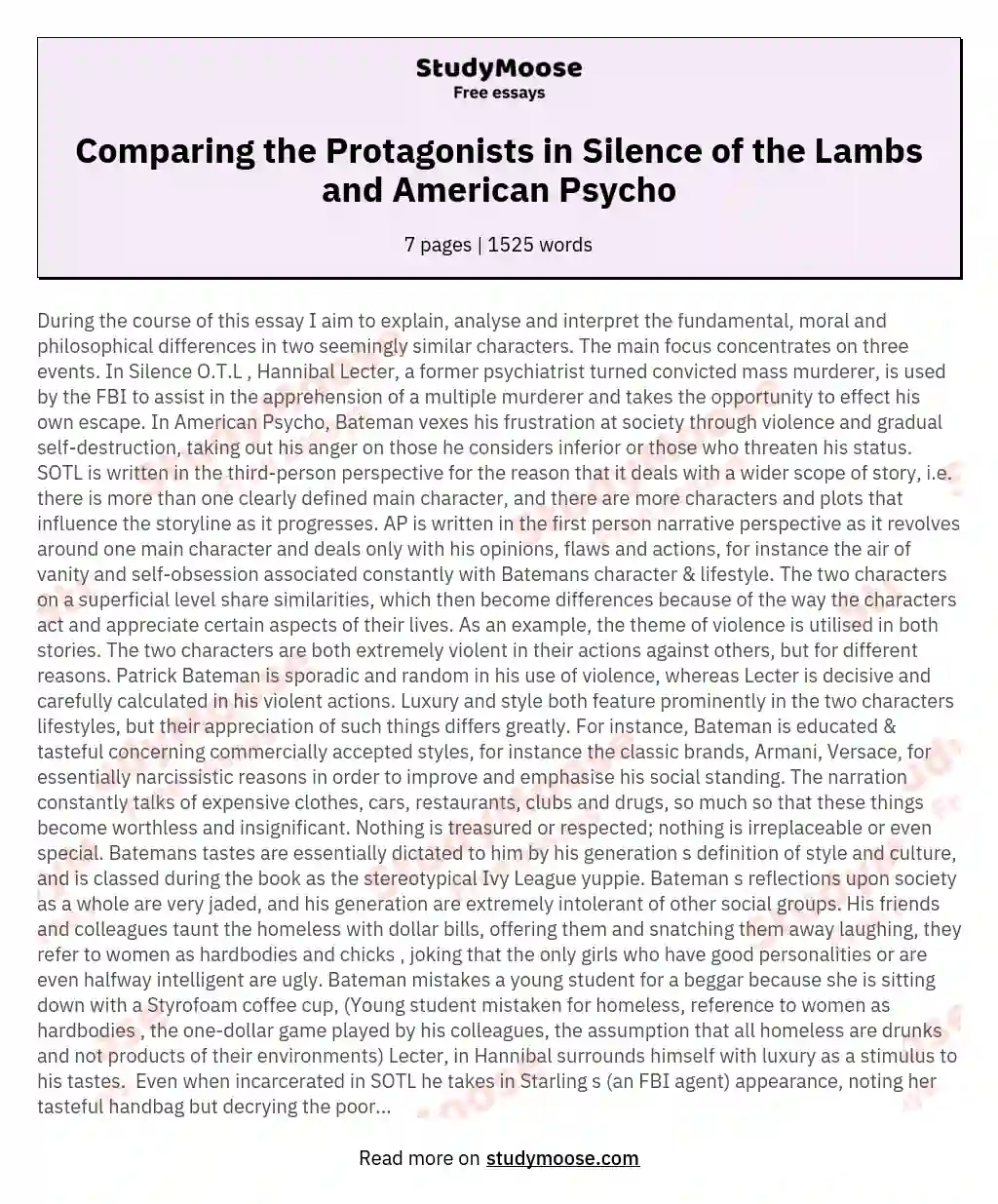 Comparing the Protagonists in Silence of the Lambs and American Psycho essay
