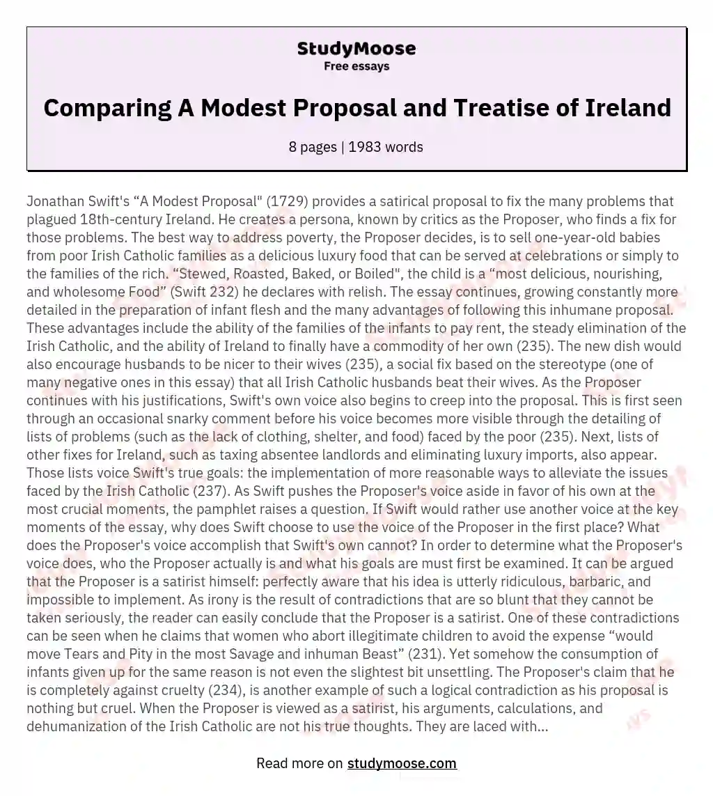 Comparing A Modest Proposal and Treatise of Ireland essay