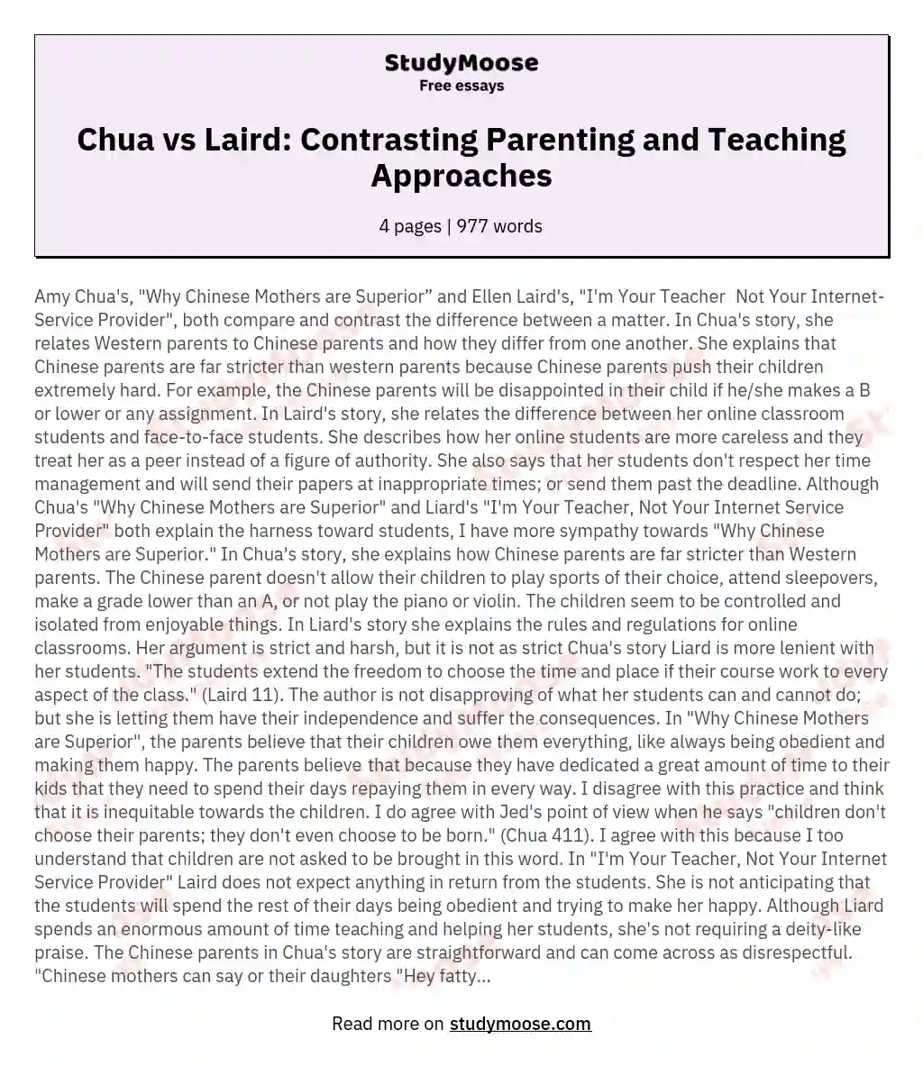 Chua vs Laird: Contrasting Parenting and Teaching Approaches essay