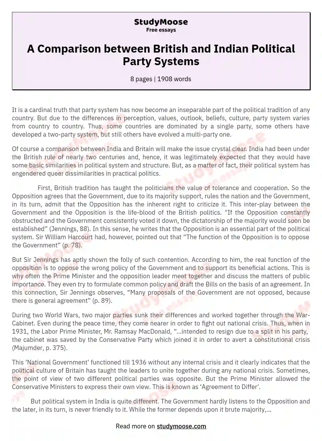 A Comparison between British and Indian Political Party Systems essay