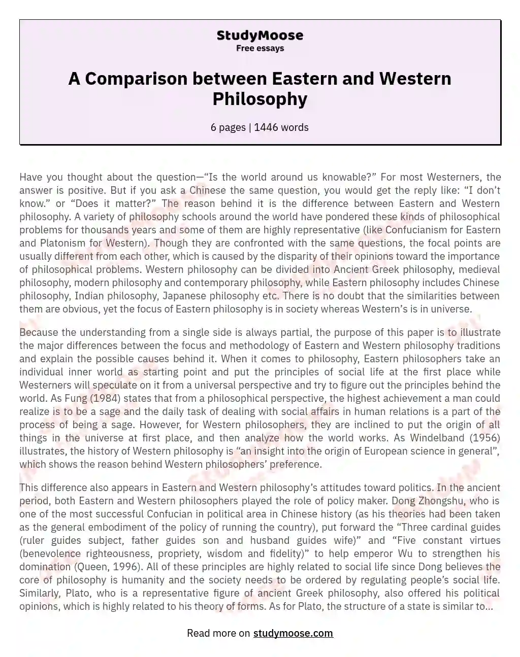 A Comparison between Eastern and Western Philosophy essay