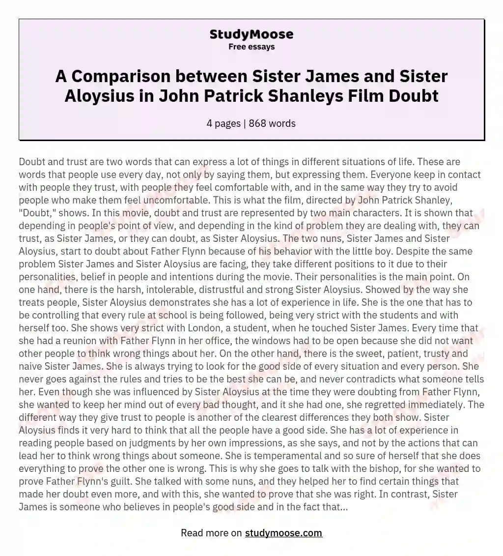 A Comparison between Sister James and Sister Aloysius in John Patrick Shanleys Film Doubt essay