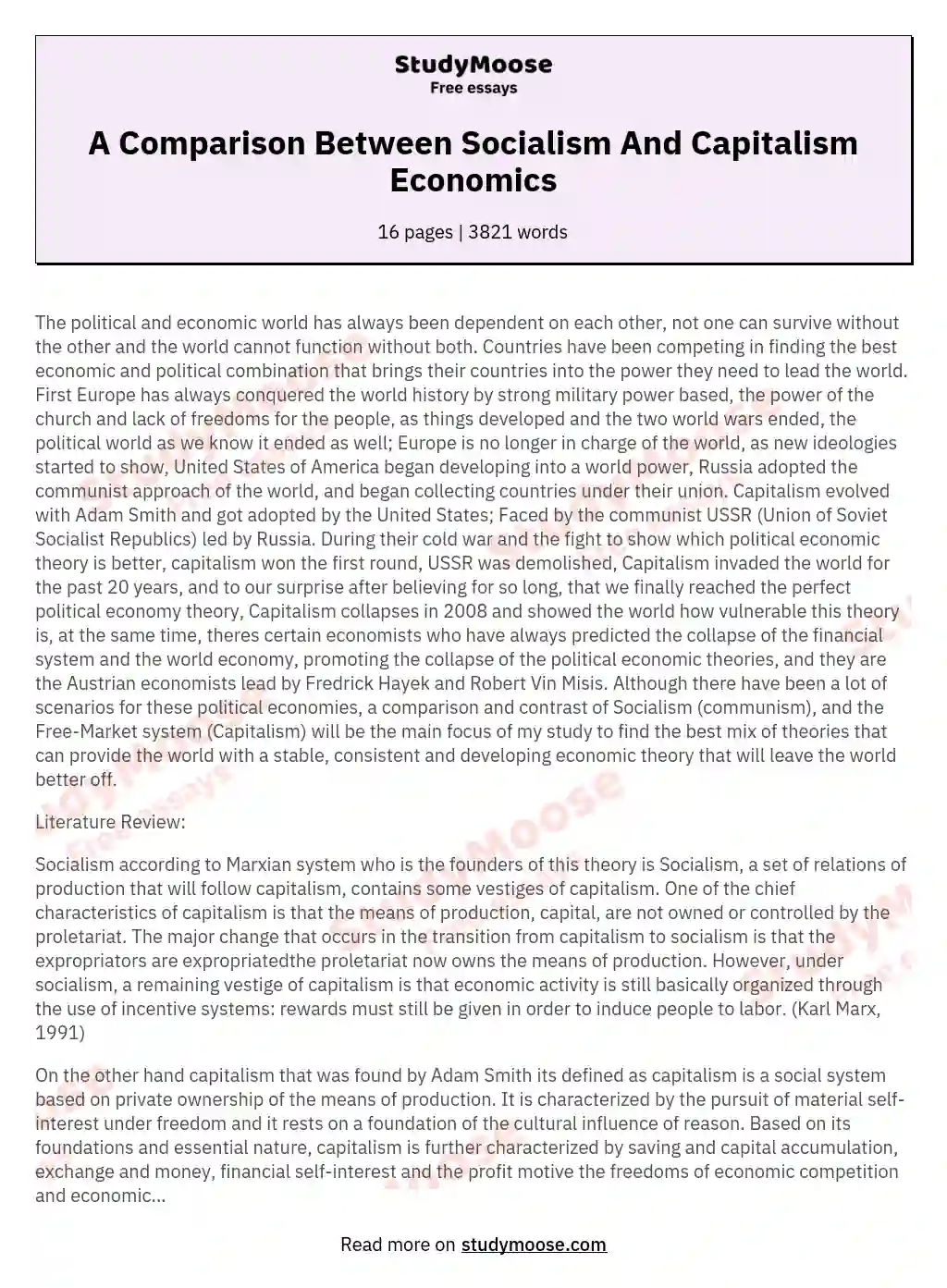 A Comparison Between Socialism And Capitalism Economics essay