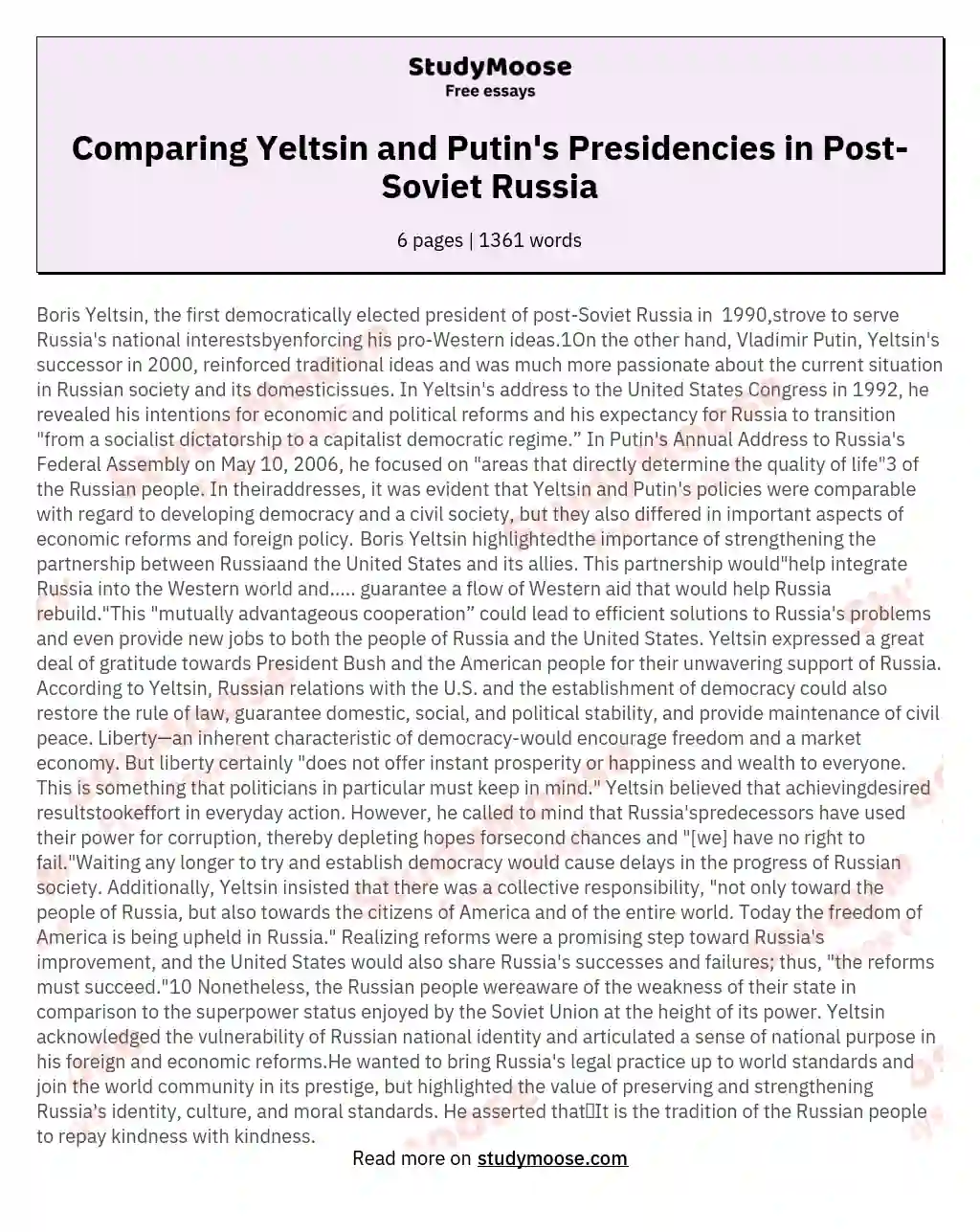 Comparing Yeltsin and Putin's Presidencies in Post-Soviet Russia essay