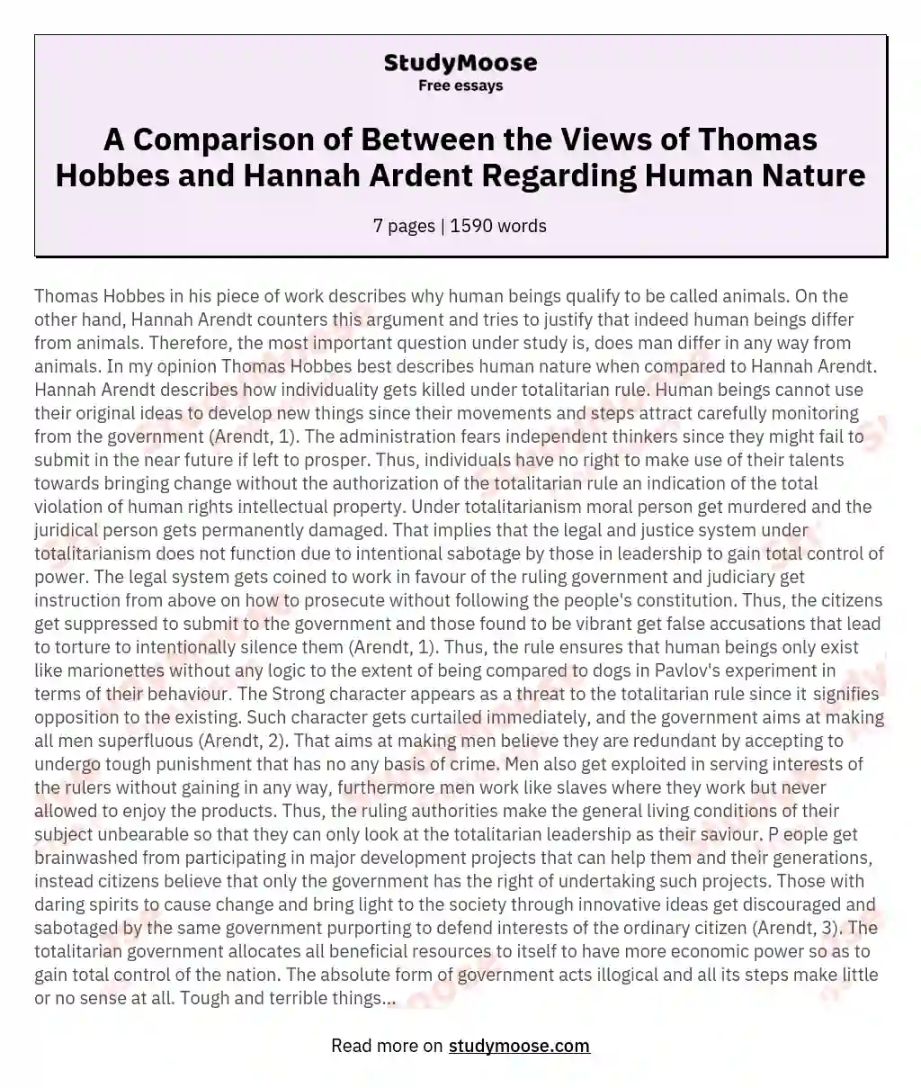A Comparison of Between the Views of Thomas Hobbes and Hannah Ardent Regarding Human Nature essay