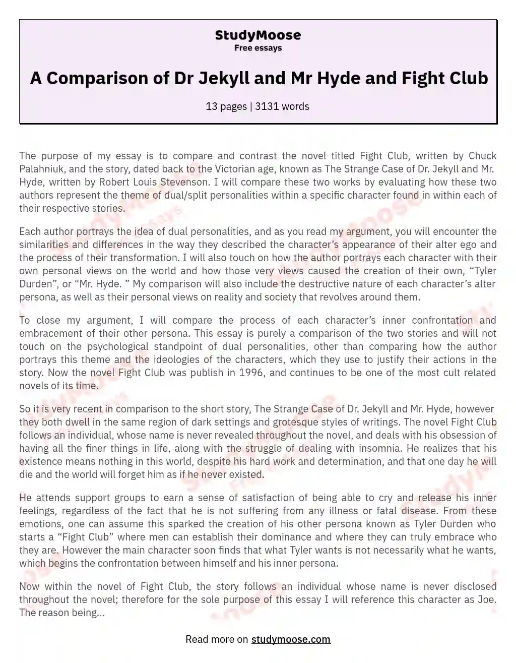 A Comparison of Dr Jekyll and Mr Hyde and Fight Club