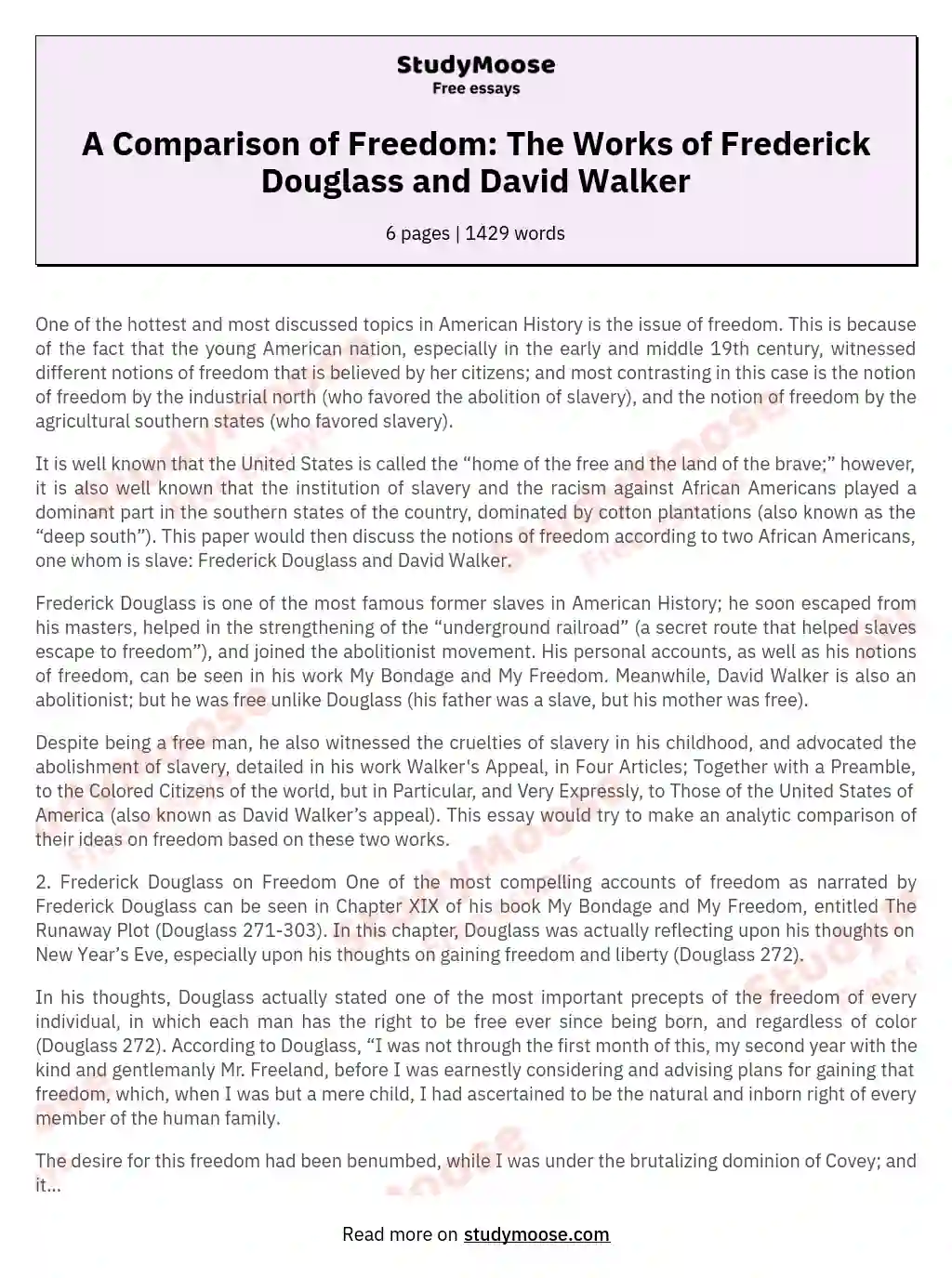 A Comparison of Freedom: The Works of Frederick Douglass and David Walker essay