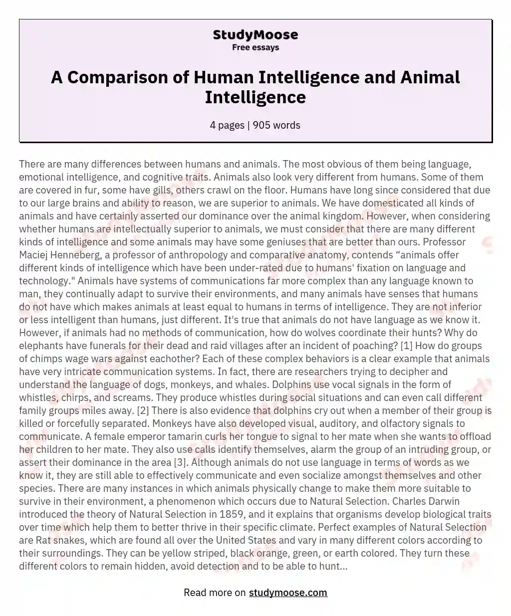 A Comparison of Human Intelligence and Animal Intelligence essay