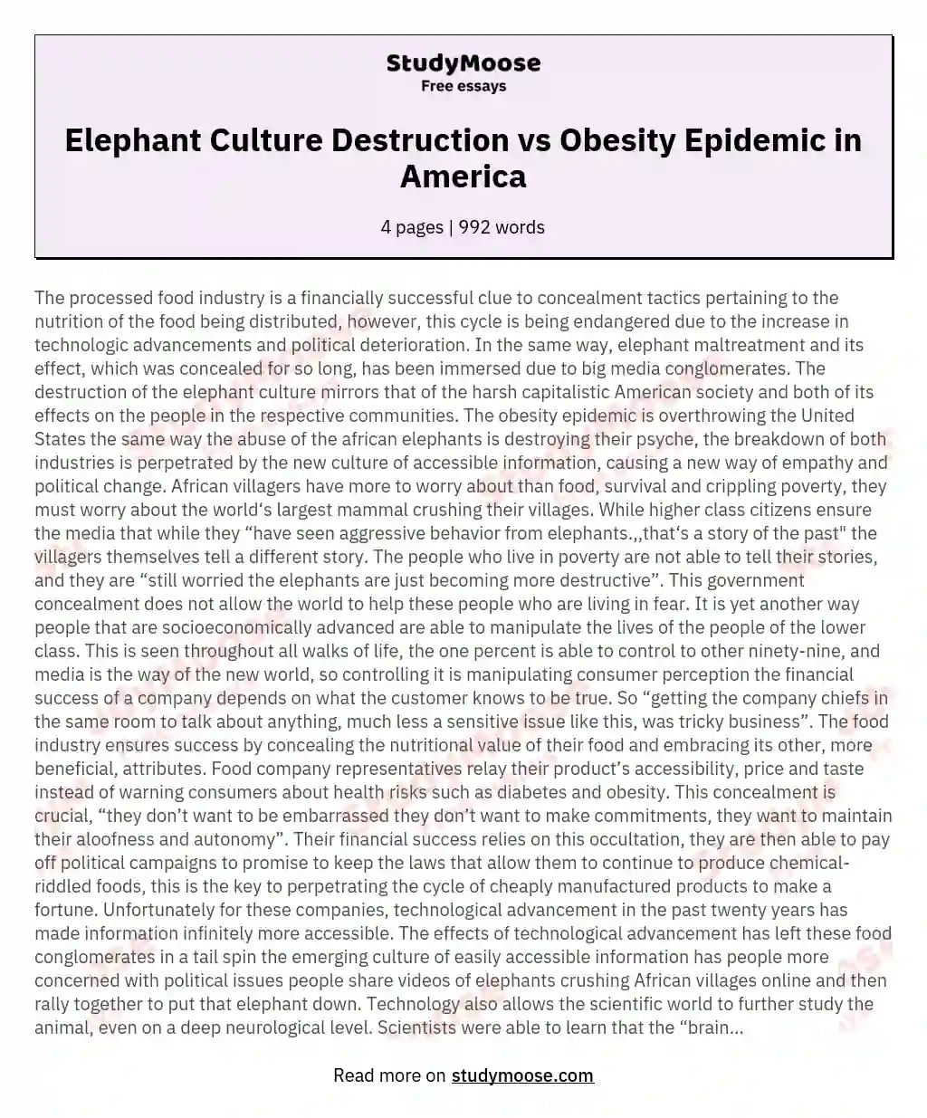 Elephant Culture Destruction vs Obesity Epidemic in America essay