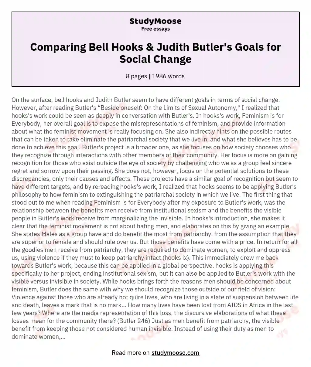 Comparing Bell Hooks & Judith Butler's Goals for Social Change essay