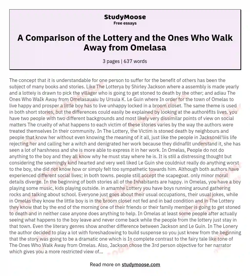 A Comparison of the Lottery and the Ones Who Walk Away from Omelasa essay