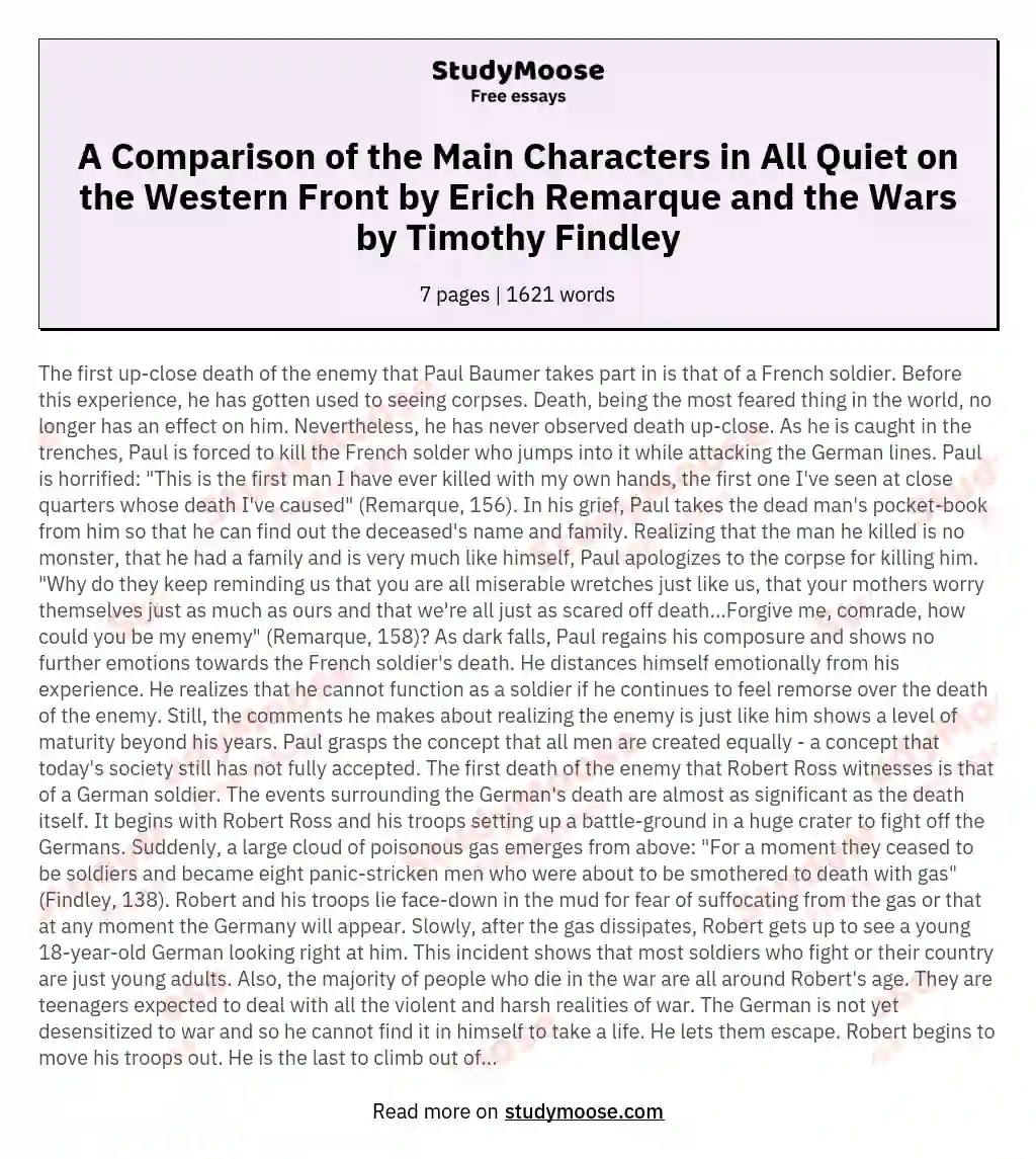 A Comparison of the Main Characters in All Quiet on the Western Front by Erich Remarque and the Wars by Timothy Findley essay