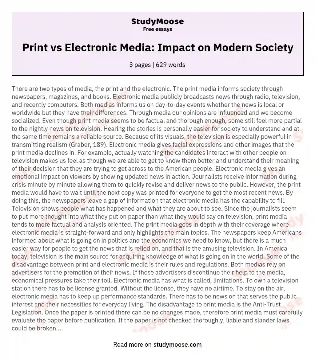 Print vs Electronic Media: Impact on Modern Society essay