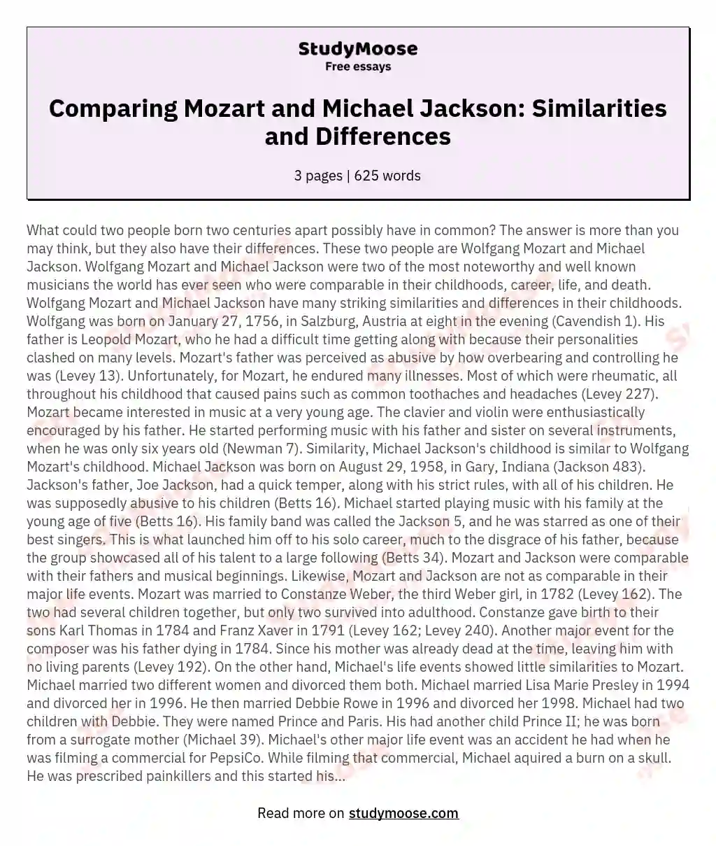 A Comparison of the Similarities and Differences Between Wolfgang Mozart and Michael Jackson