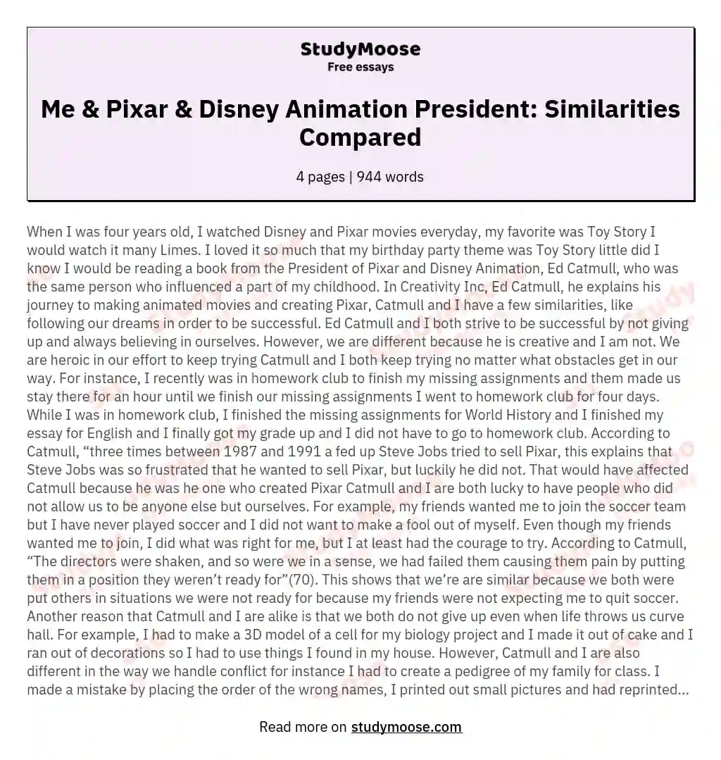 Me & Pixar & Disney Animation President: Similarities Compared essay
