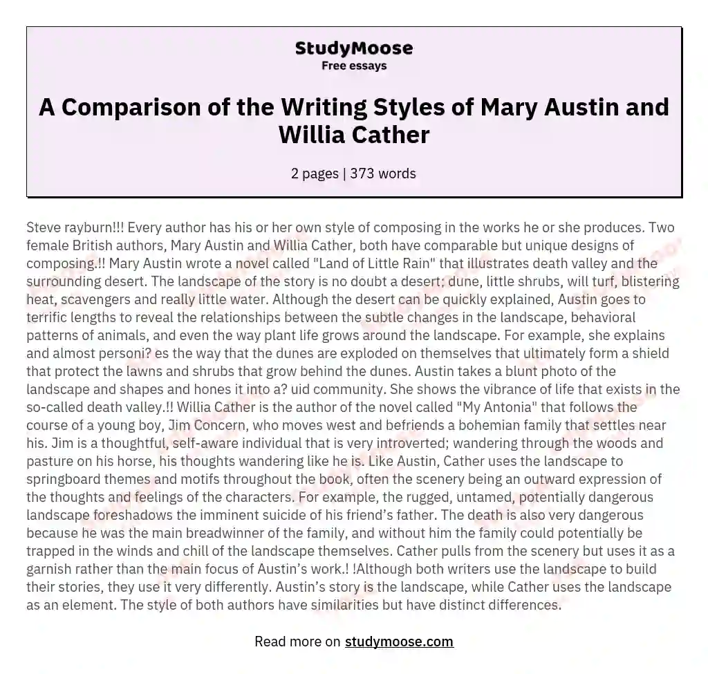 A Comparison of the Writing Styles of Mary Austin and Willia Cather essay