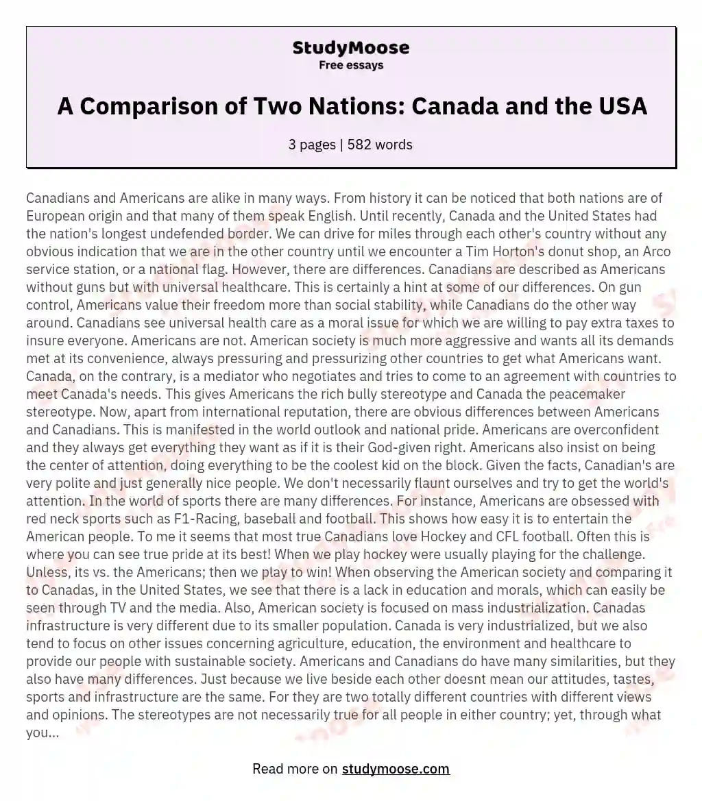 A Comparison of Two Nations: Canada and the USA essay