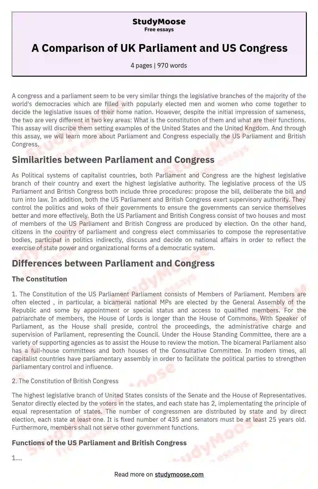 A Comparison of UK Parliament and US Congress essay