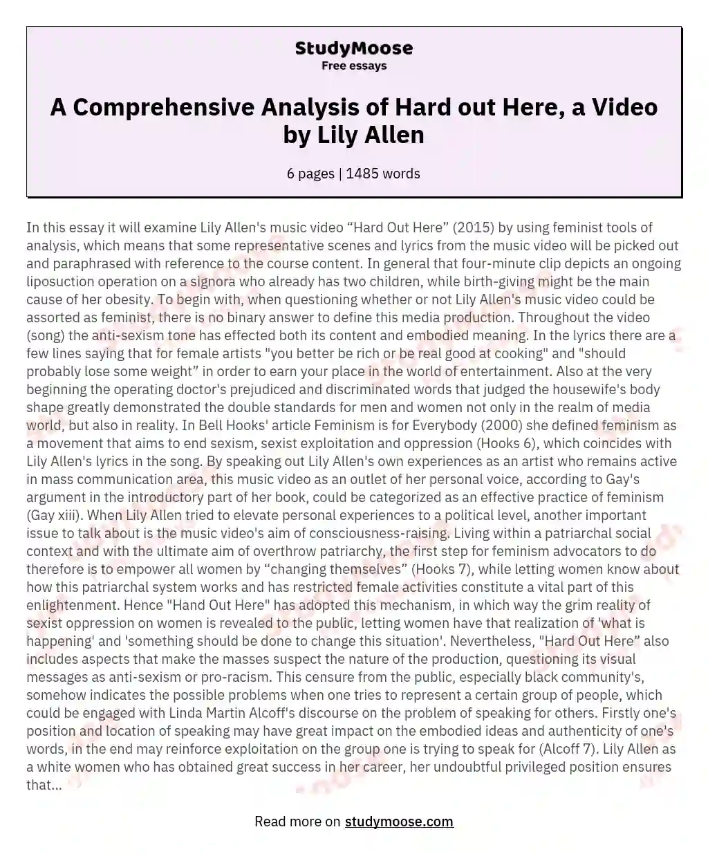 A Comprehensive Analysis of Hard out Here, a Video by Lily Allen essay