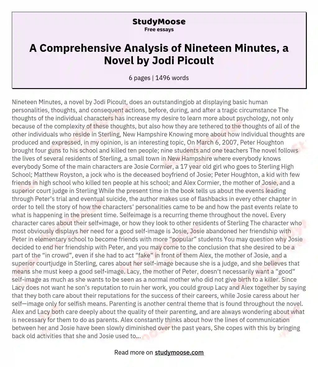 A Comprehensive Analysis of Nineteen Minutes, a Novel by Jodi Picoult essay