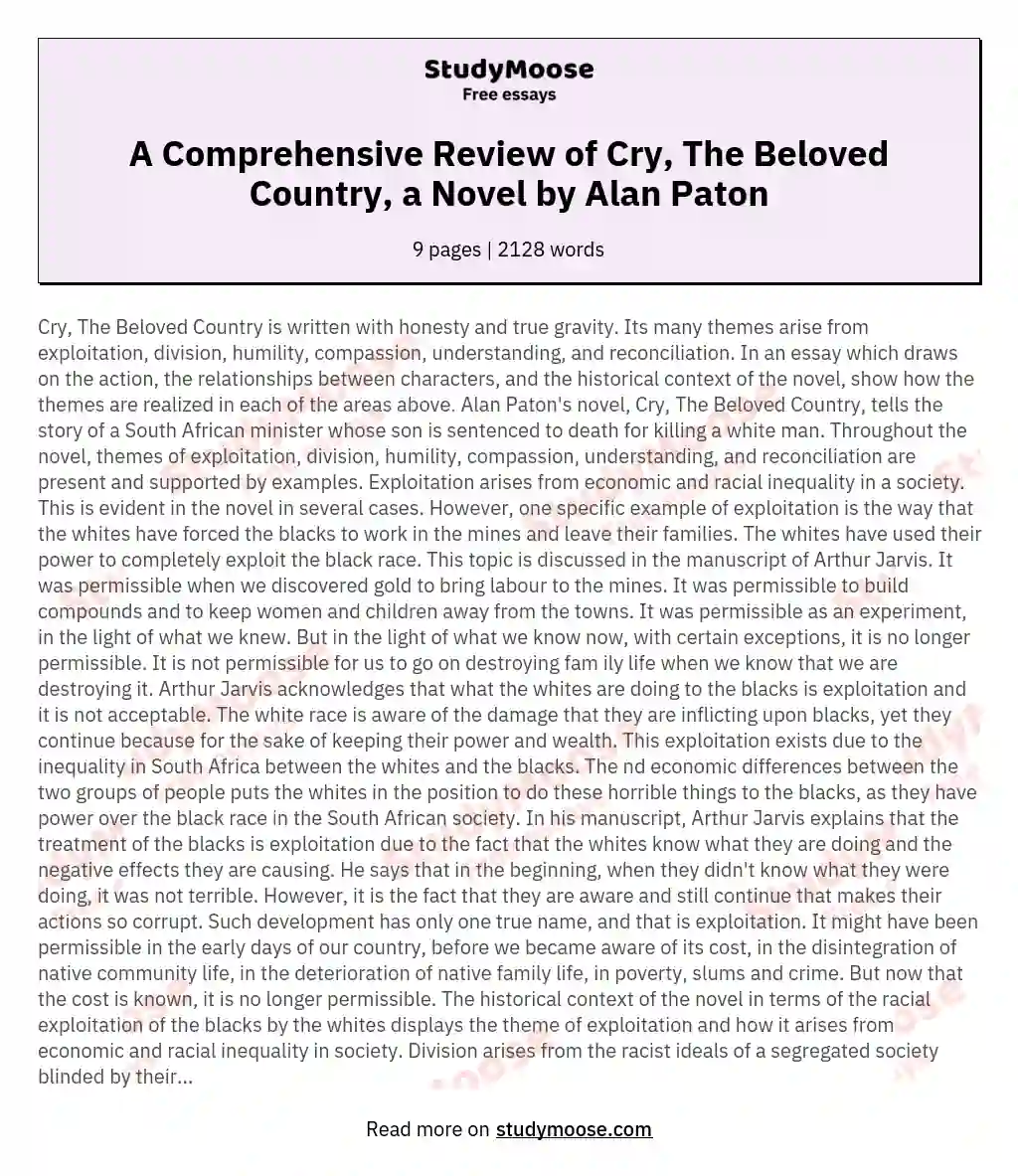 A Comprehensive Review of Cry, The Beloved Country, a Novel by Alan Paton