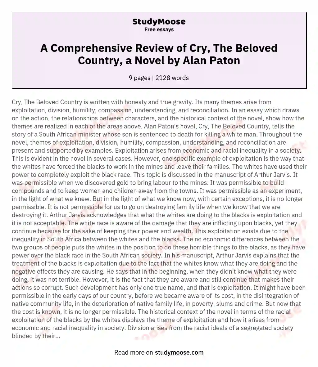 A Comprehensive Review of Cry, The Beloved Country, a Novel by Alan Paton essay