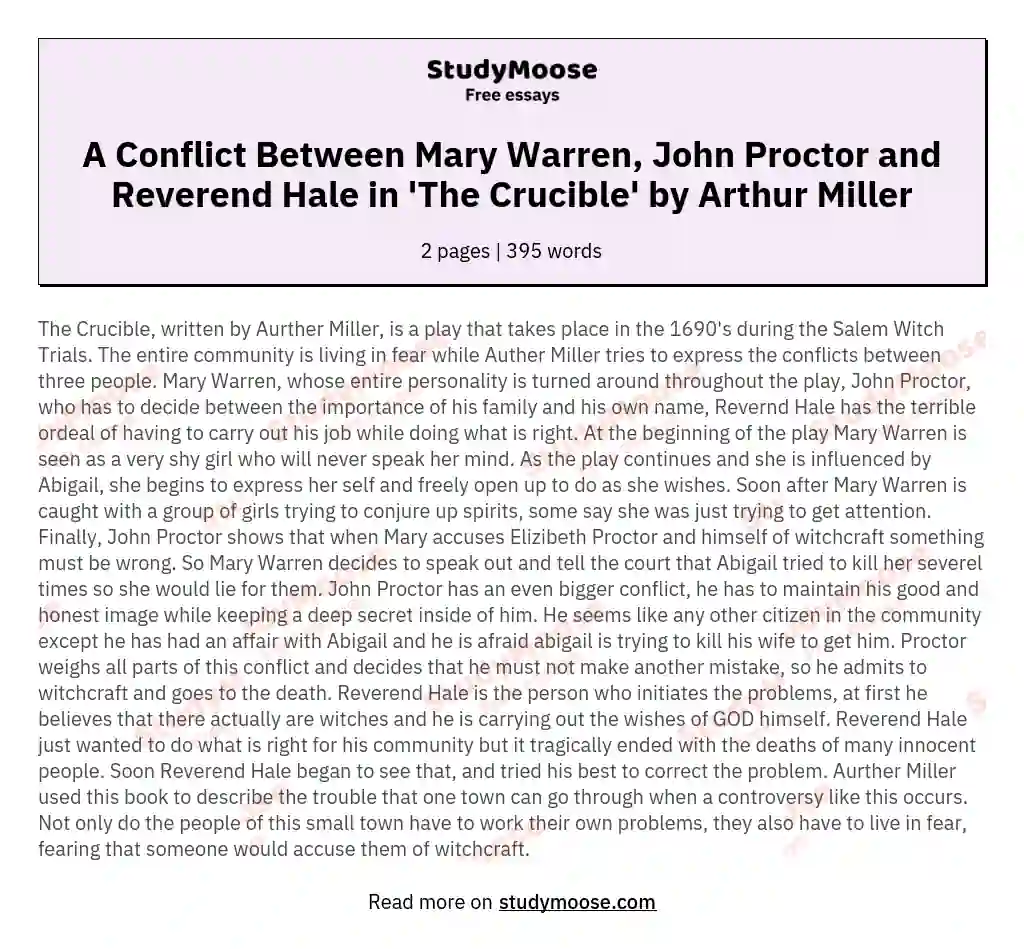 A Conflict Between Mary Warren, John Proctor and Reverend Hale in 'The Crucible' by Arthur Miller essay