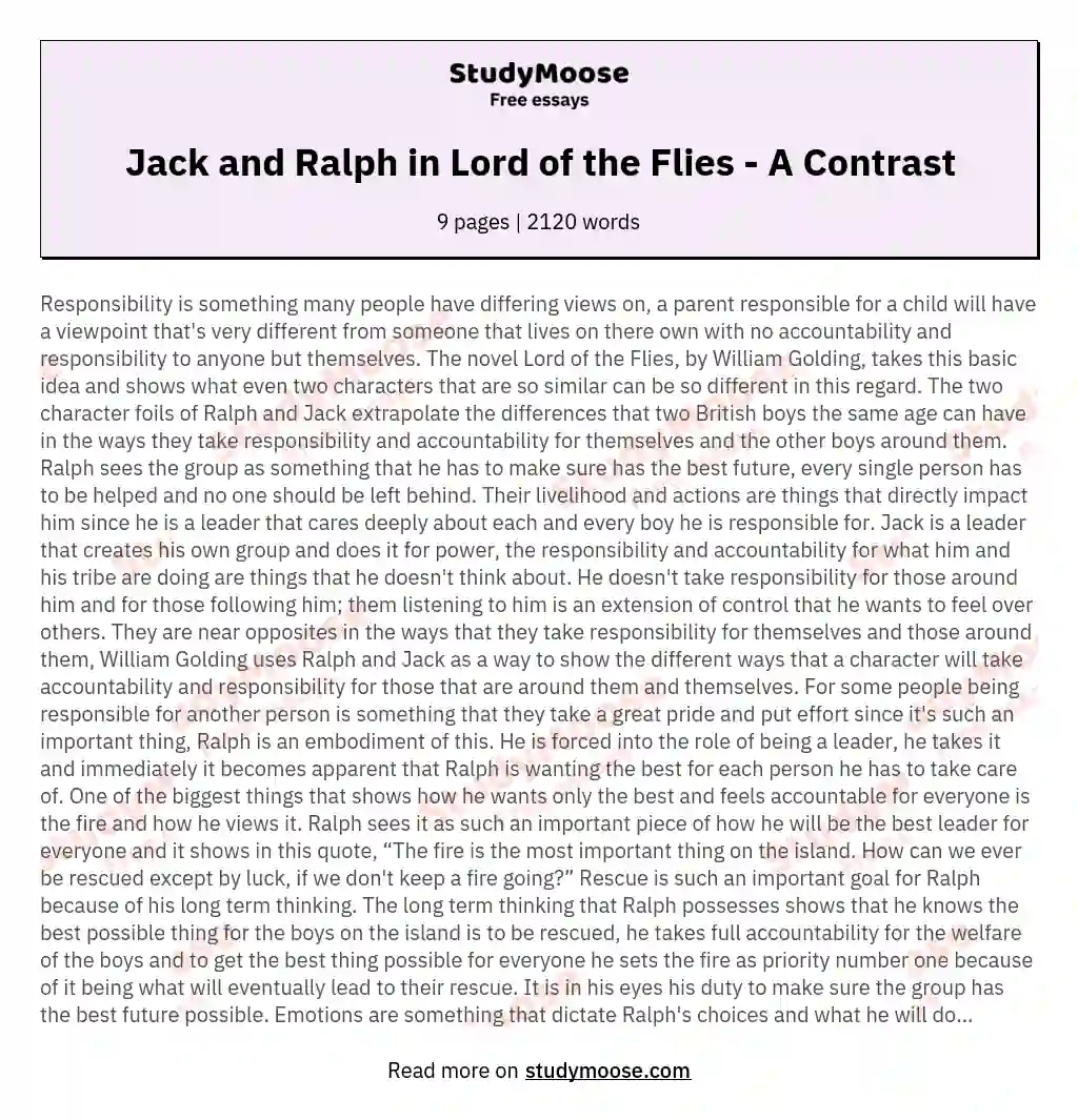 Jack and Ralph in Lord of the Flies - A Contrast essay