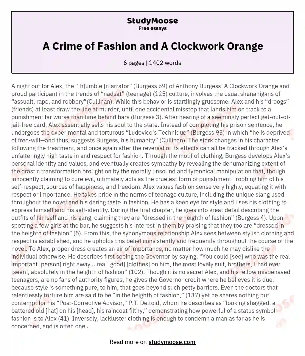 A Crime of Fashion and A Clockwork Orange essay