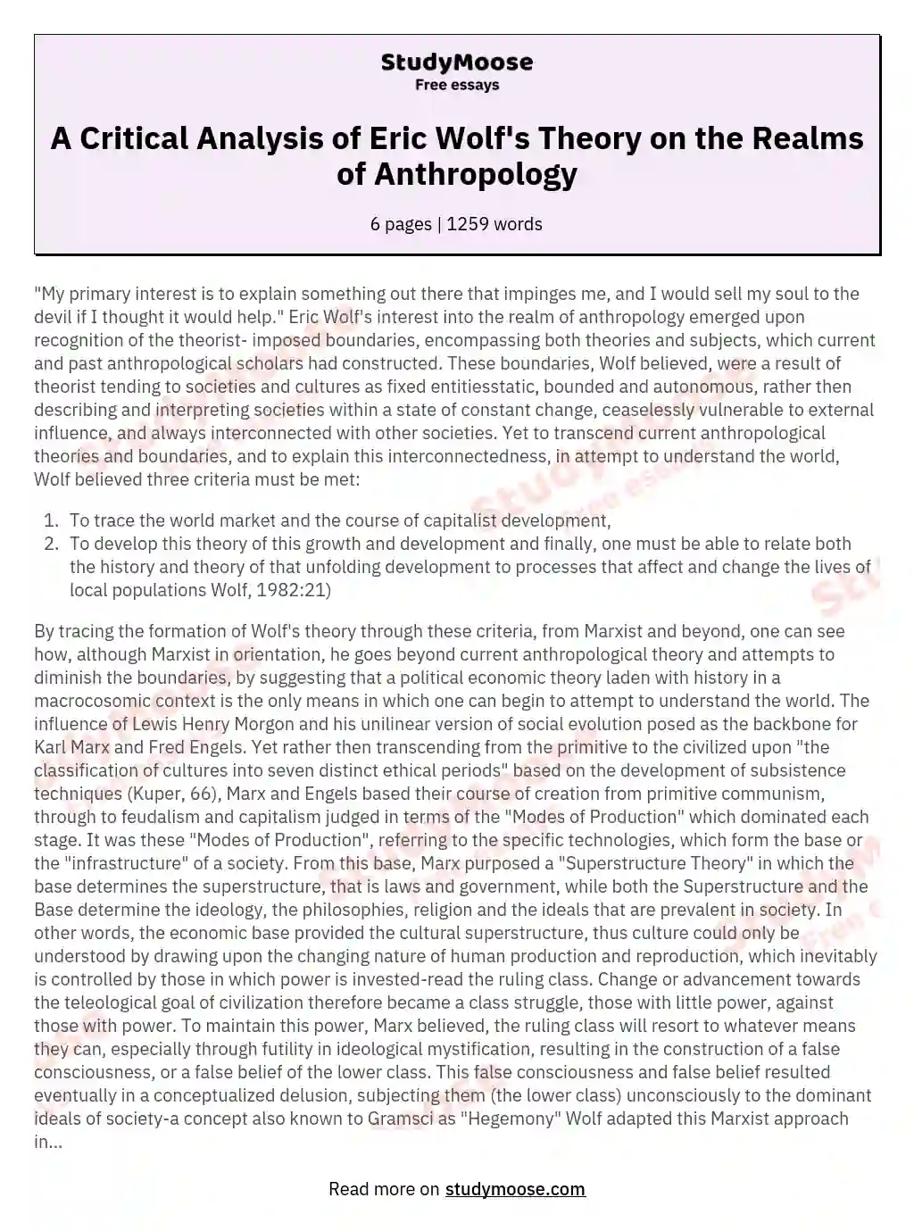 A Critical Analysis of Eric Wolf's Theory on the Realms of Anthropology