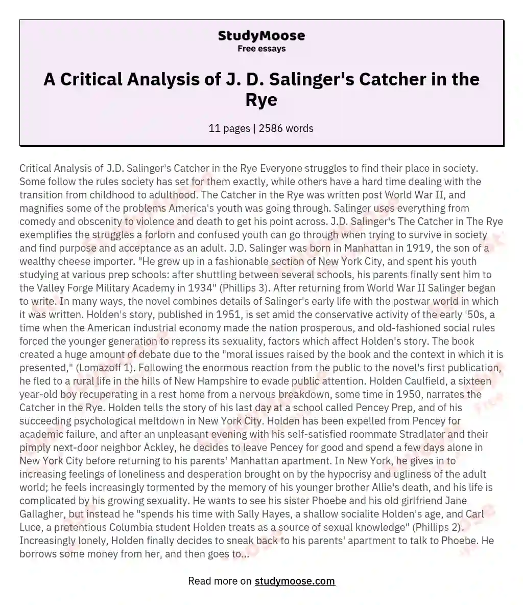 A Critical Analysis of J. D. Salinger's Catcher in the Rye