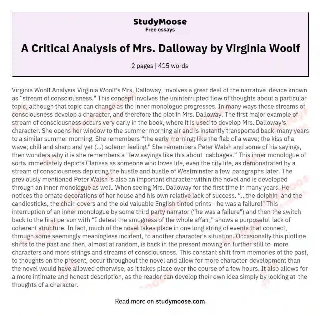 A Critical Analysis of Mrs. Dalloway by Virginia Woolf essay