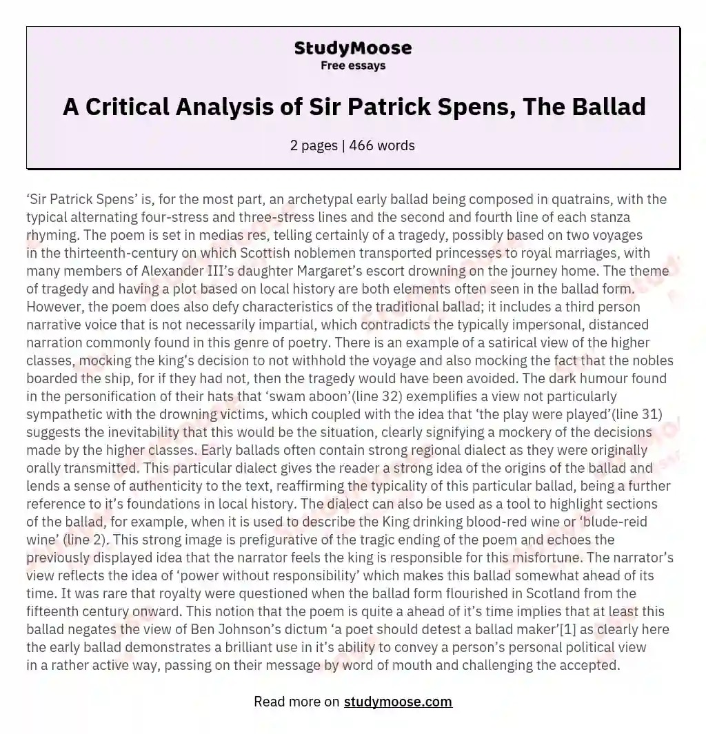 A Critical Analysis of Sir Patrick Spens, The Ballad essay