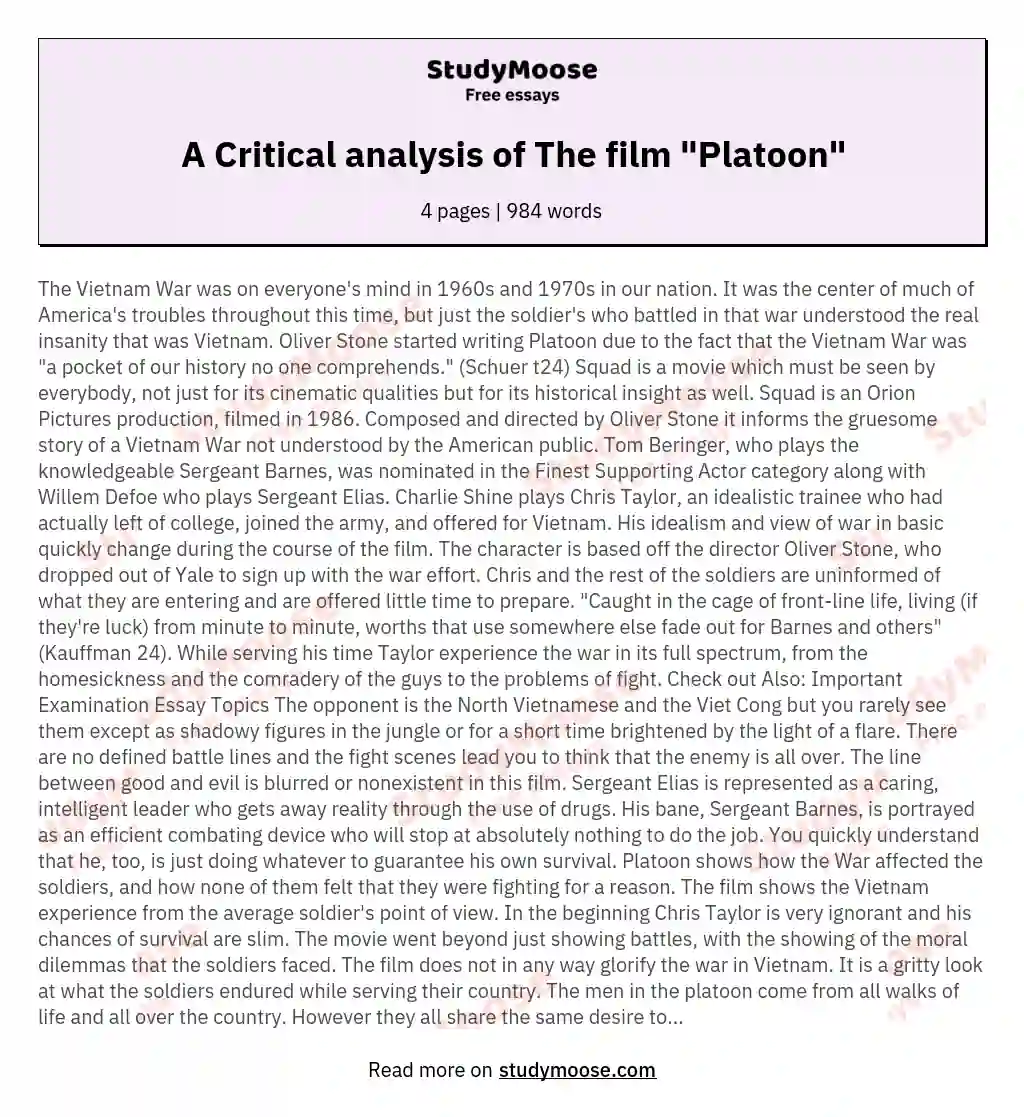A Critical analysis of The film "Platoon" essay