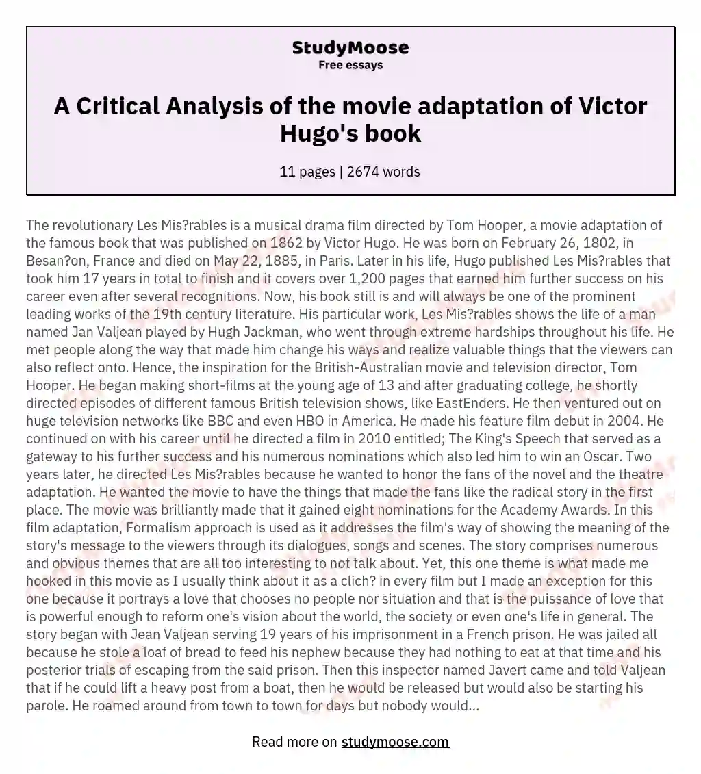 A Critical Analysis of the movie adaptation of Victor Hugo's book essay