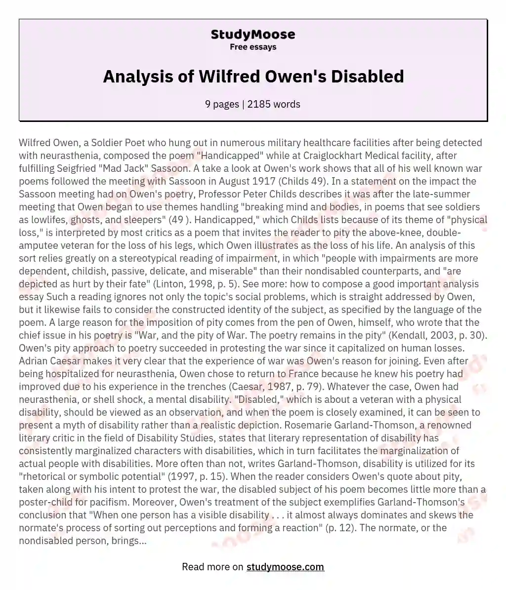 Analysis of Wilfred Owen's Disabled essay