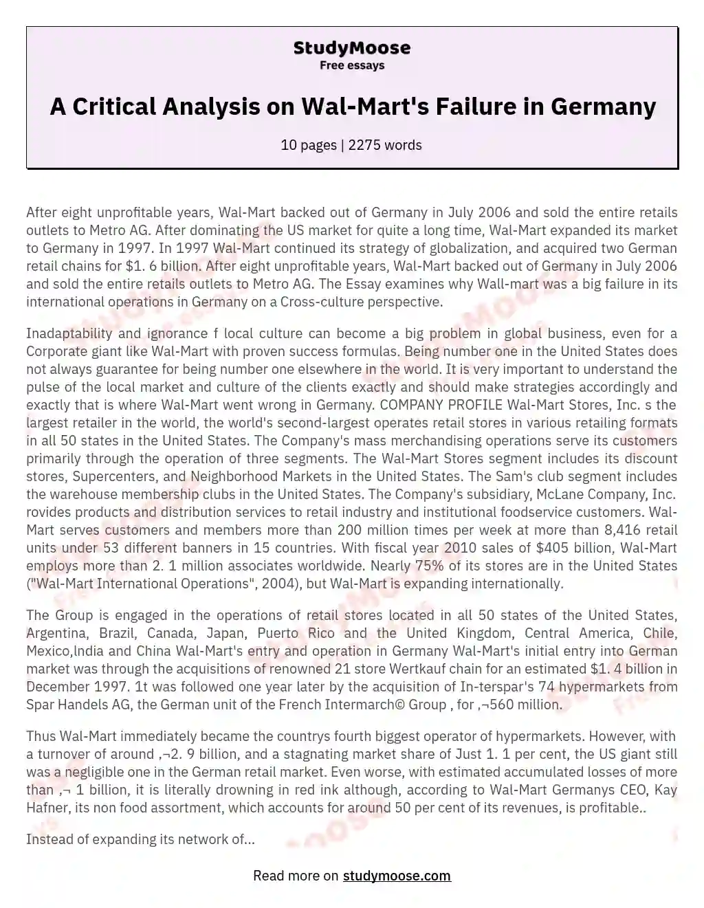 A Critical Analysis on Wal-Mart's Failure in Germany essay