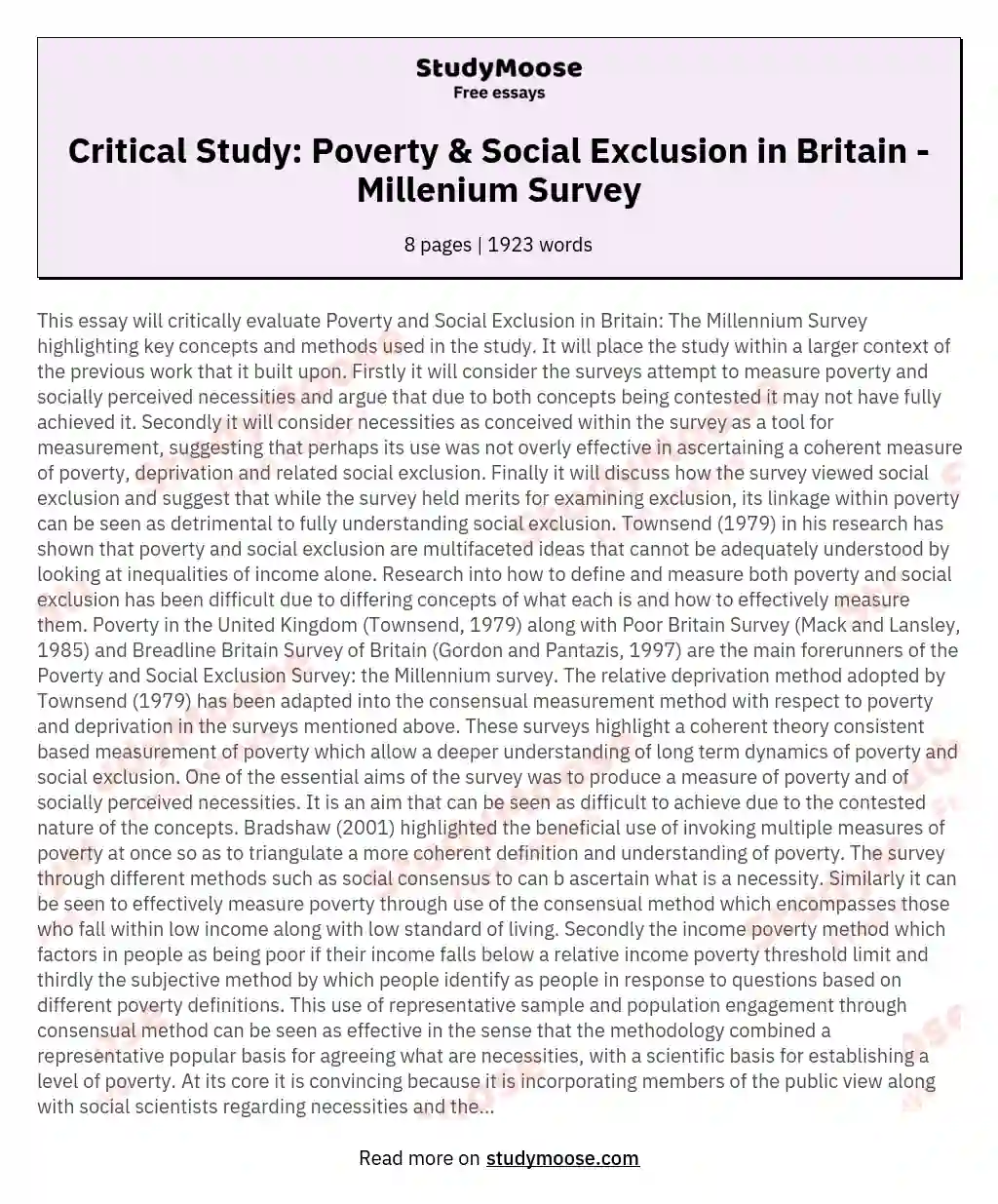 A Critical Evaluation of the Study Poverty and Social Exclusion in Britain: The Millenium Survey
