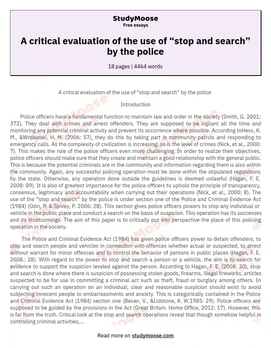 A critical evaluation of the use of “stop and search” by the police essay