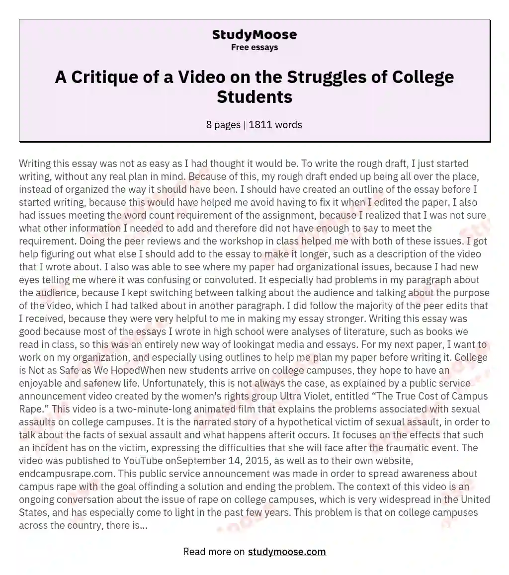 A Critique of a Video on the Struggles of College Students essay