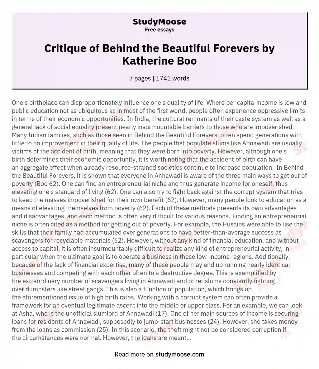 Critique of Behind the Beautiful Forevers by Katherine Boo essay