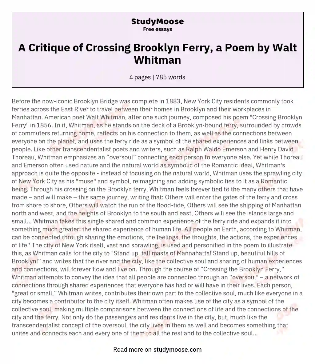 A Critique of Crossing Brooklyn Ferry, a Poem by Walt Whitman essay