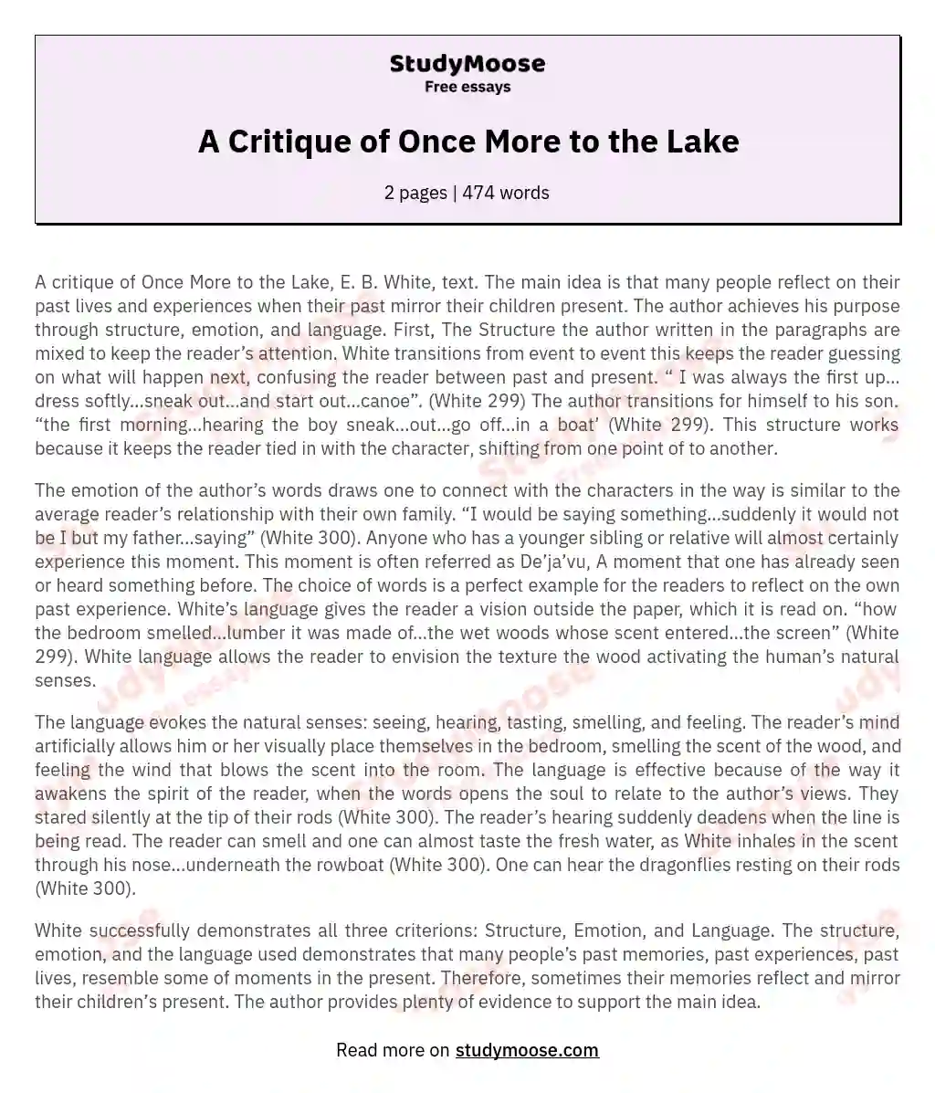 A Critique of Once More to the Lake essay